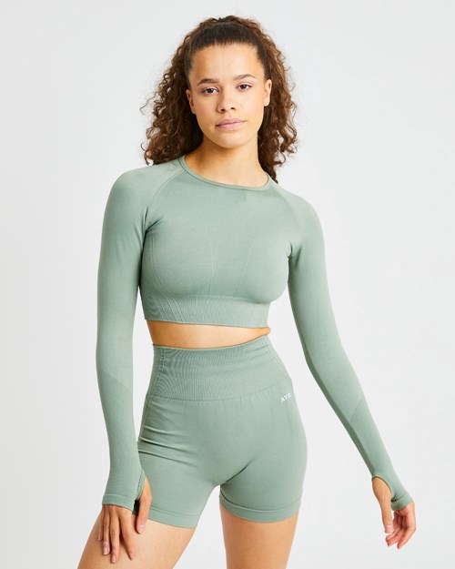 AYBL Balance V2 Seamless Long Sleeve Crop Top Olivgröna Gröna | 6940-UPVFL