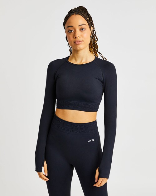 AYBL Elevate Seamless Long Sleeve Crop Top Svarta | 9835-JWPVF