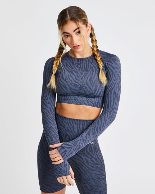 AYBL Evolve Animal Seamless Long Sleeve Crop Top Blå | 4708-ZUFNM