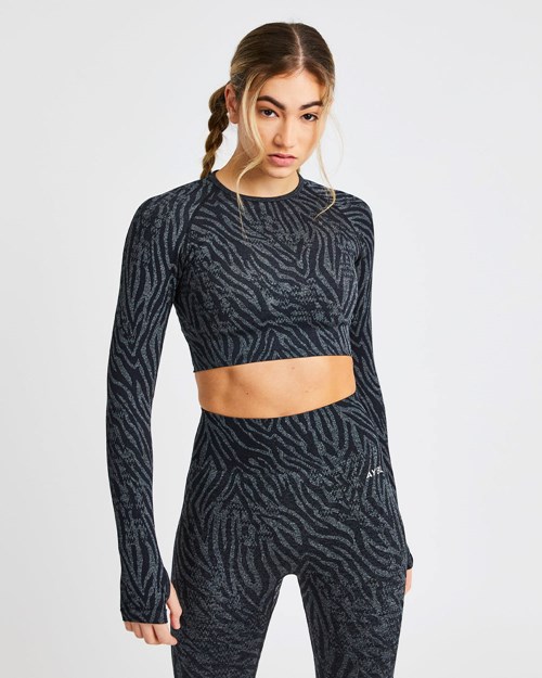 AYBL Evolve Animal Seamless Long Sleeve Crop Top Svarta | 9348-VHBFC