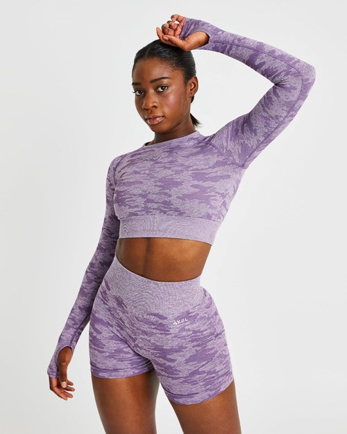 AYBL Evolve Camo Seamless Long Sleeve Crop Top Plum | 5086-UWCXG