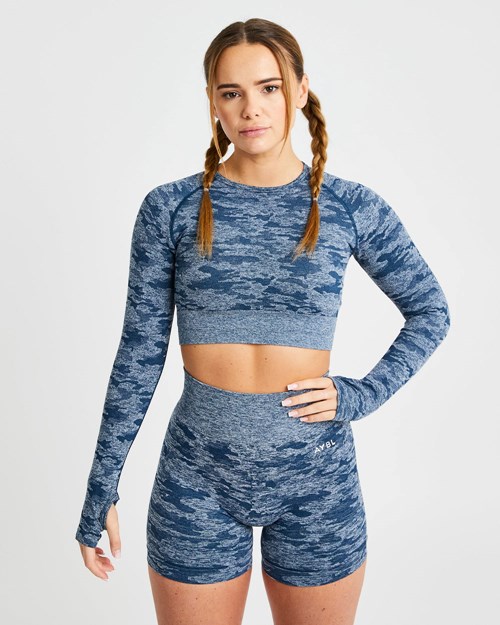 AYBL Evolve Camo Seamless Long Sleeve Crop Top Teal | 5962-GMKDY