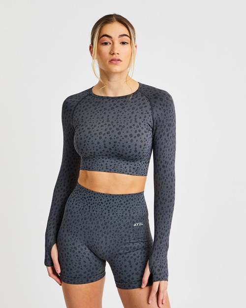 AYBL Evolve Speckle Seamless Long Sleeve Crop Top Charcoal | 2178-MZNTV