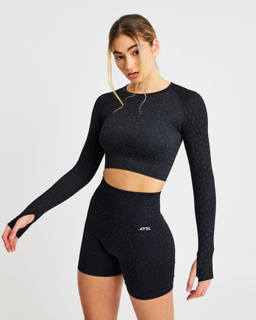 AYBL Evolve Speckle Seamless Long Sleeve Crop Top Svarta | 9257-GXBWO