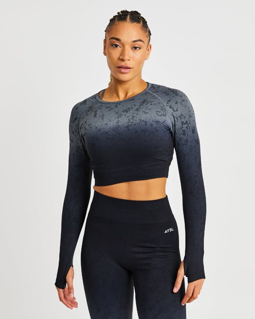 AYBL Flare Seamless Long Sleeve Crop Top Svarta | 4682-FWPOT