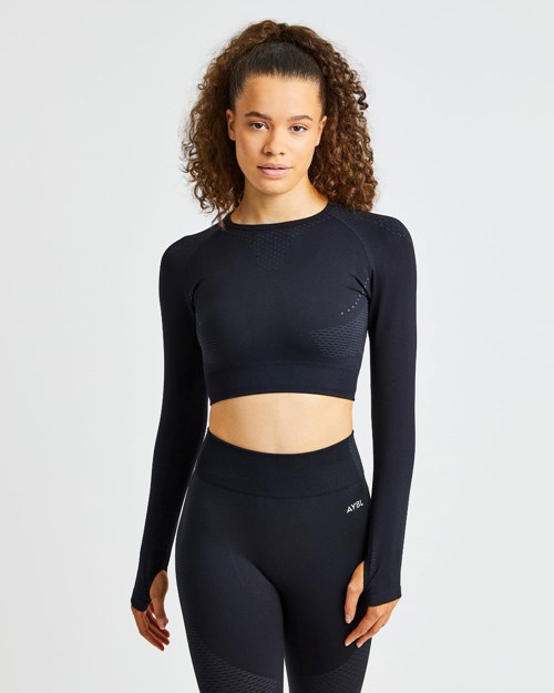 AYBL Ignite Seamless Long Sleeve Crop Top Svarta | 4360-XITPA