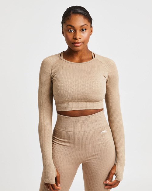 AYBL Luxe Seamless Long Sleeve Crop Top Mocha | 0792-BFSVK