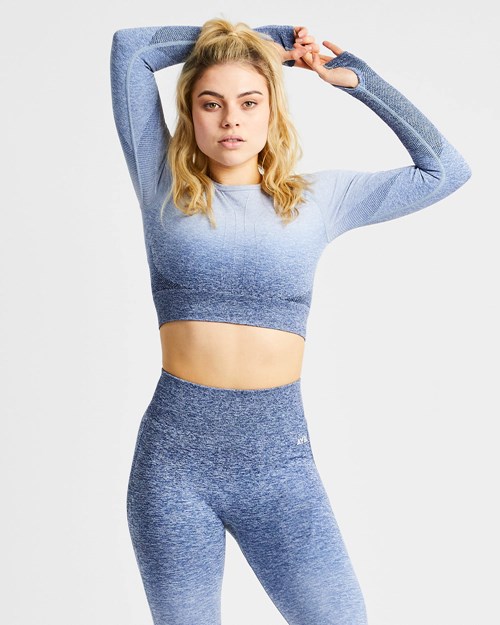 AYBL Pulse Ombré Seamless Long Sleeve Crop Top Marinblå | 6742-WQNSD