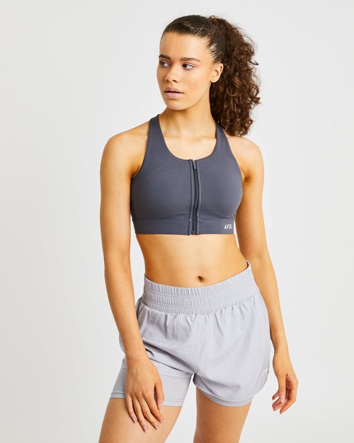 AYBL Sportive Zip Up Sports Bra Charcoal | 7405-FLBXZ