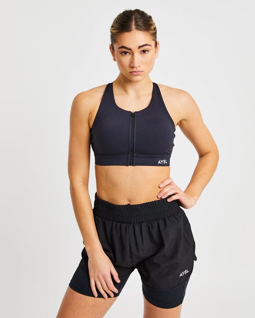 AYBL Sportive Zip Up Sports Bra Svarta | 6834-BVKOZ