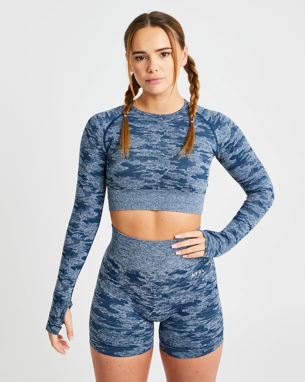 AYBL Evolve Camo Seamless Long Sleeve Crop Top Teal | 5439-HUDVZ