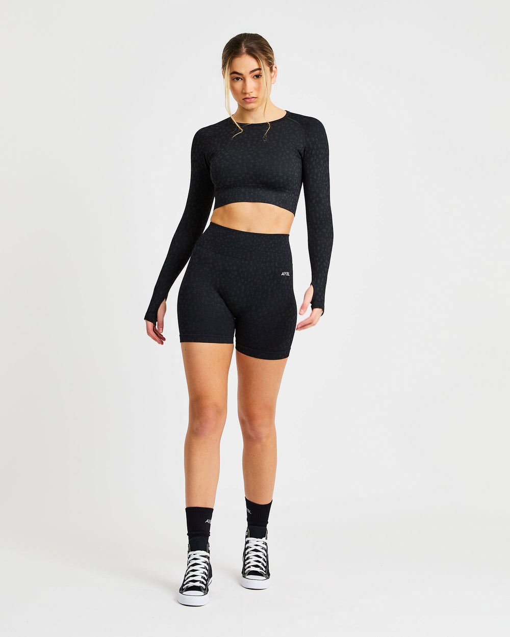 AYBL Evolve Speckle Seamless Long Sleeve Crop Top Svarta | 1509-TRZWC