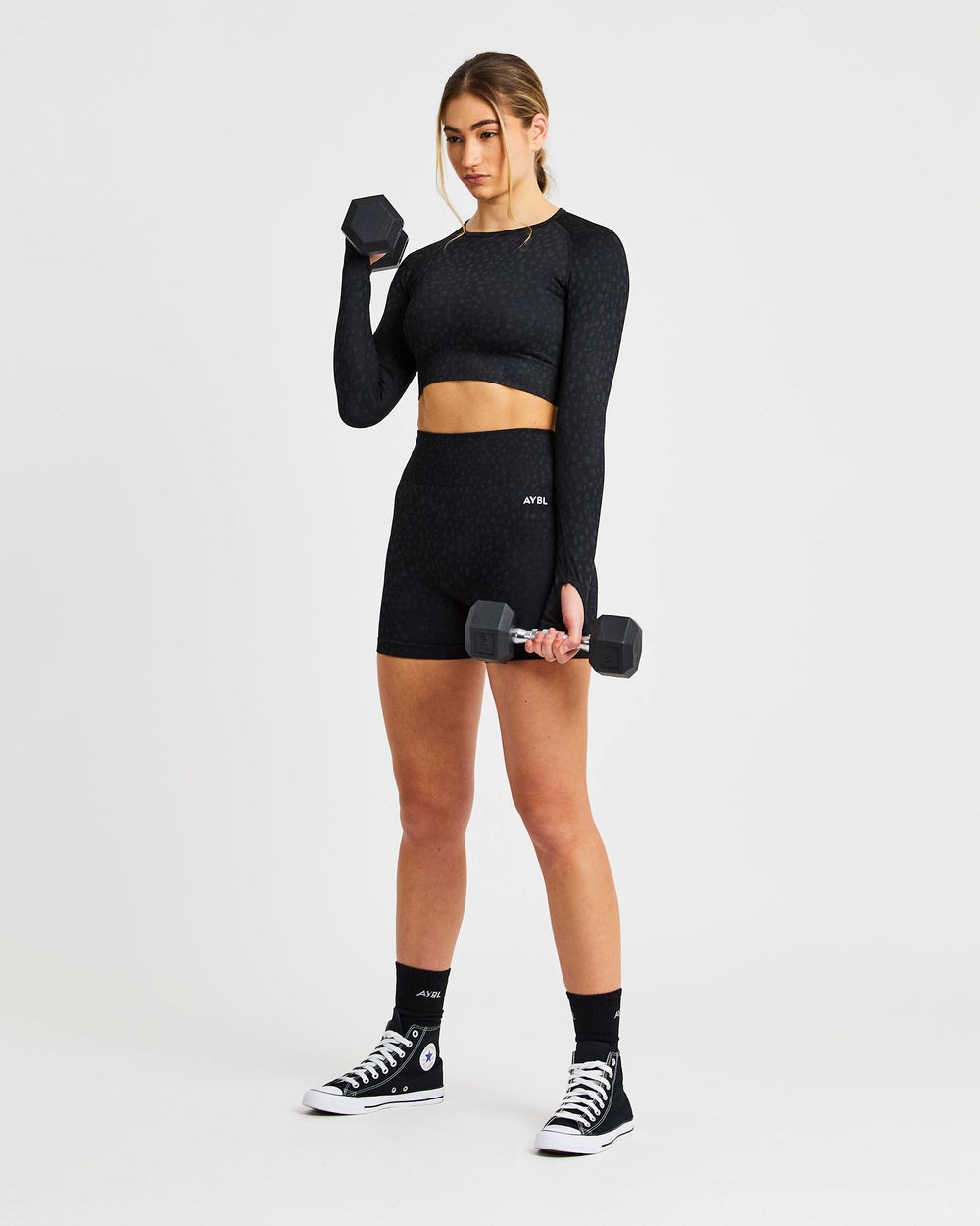 AYBL Evolve Speckle Seamless Long Sleeve Crop Top Svarta | 1509-TRZWC