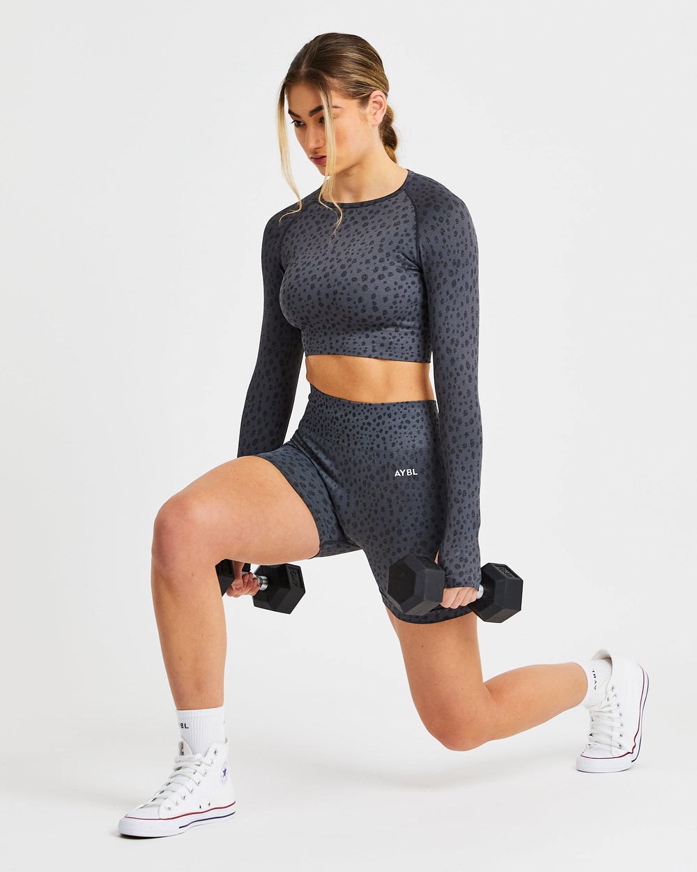 AYBL Evolve Speckle Seamless Long Sleeve Crop Top Charcoal | 2178-MZNTV