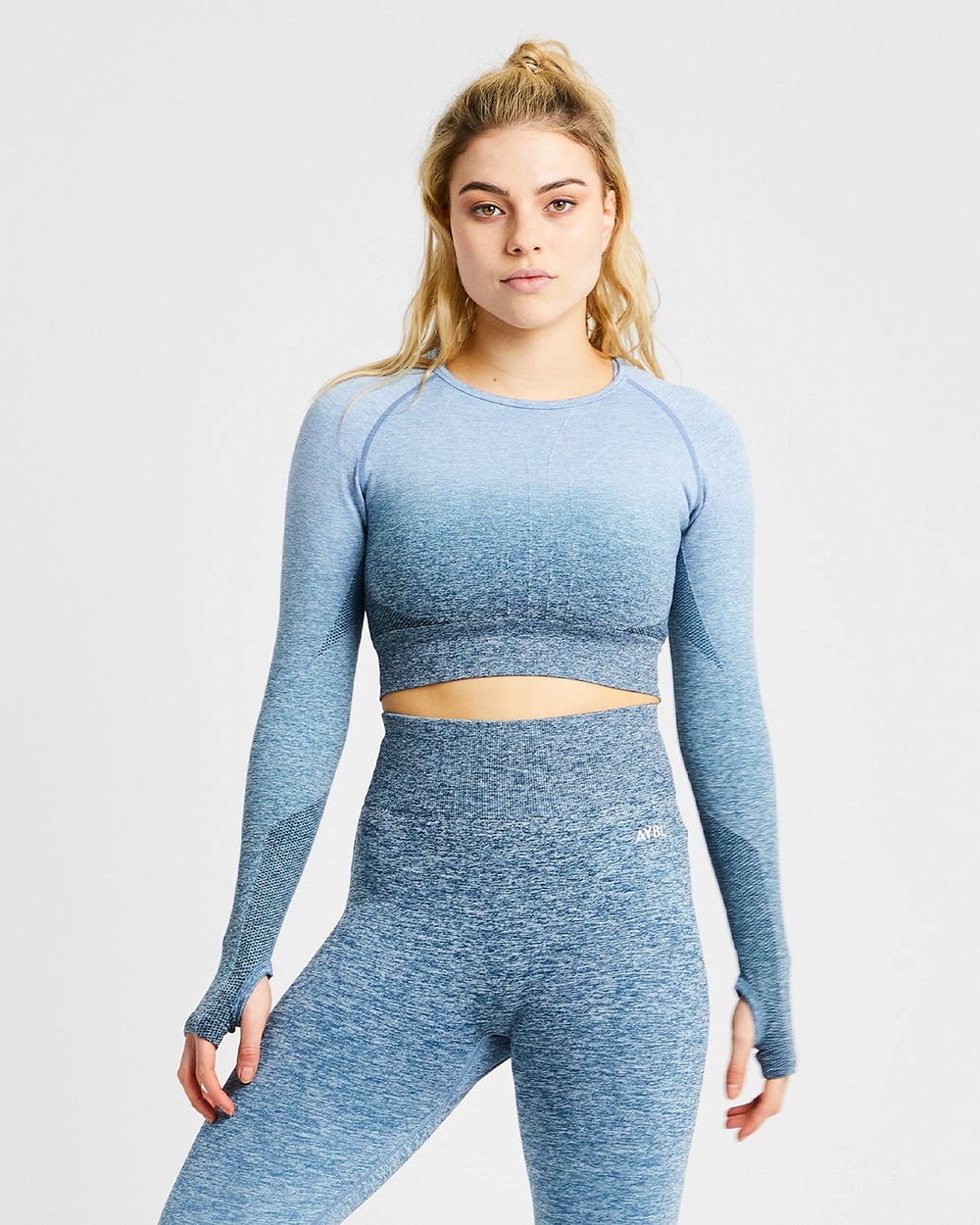 AYBL Pulse Ombré Seamless Long Sleeve Crop Top Teal | 0761-RKXVG